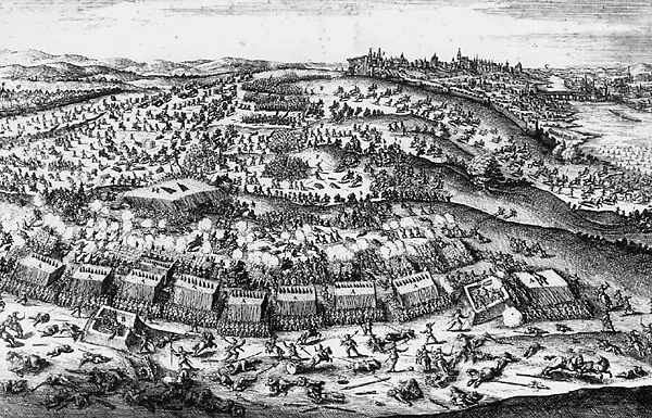 Bitevní výjev u Prahy – historická rytina